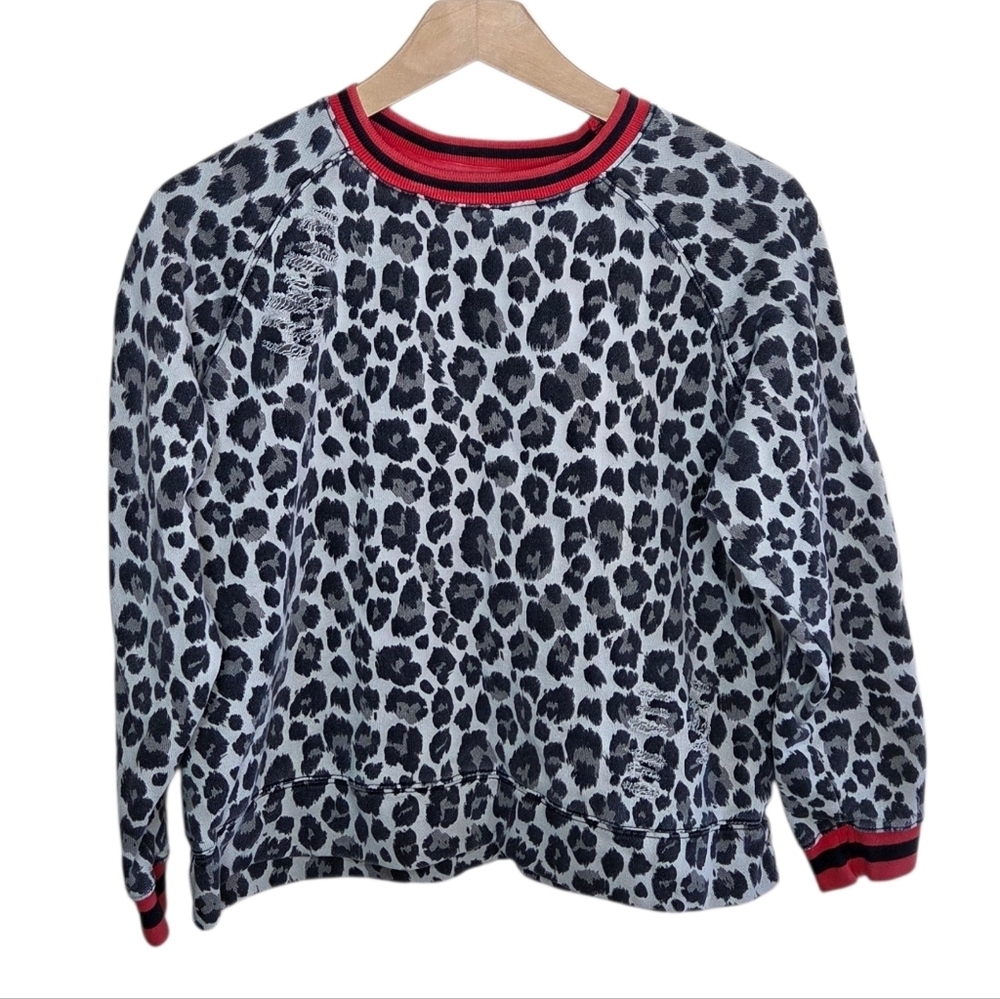 Melloday Faded Distressed Beige Black Leopard Sweatshirt Red Trim Size Small
